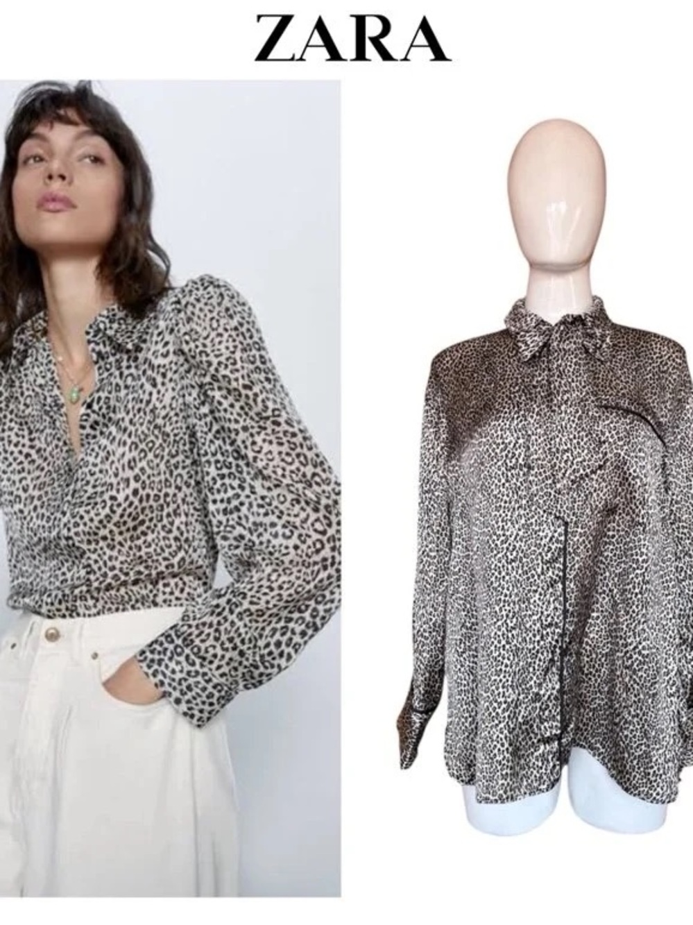 ZARA Leopard Print Satin Blouse - Black & Cream